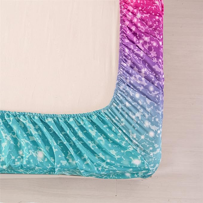 RYNGHIPY Colorful Glitter Bed Sheet Collections, Glitter Rainbow Theme Fitted Sheet Twin Size, Mermaid Design Sheets Set for Girls (Pink Blue,Twin)