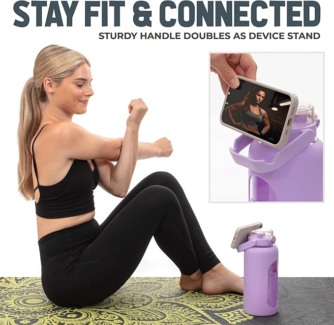 64oz Glass Water Bottle | Lavender Water Bottle with Straw & Time Marker | Half Gallon Water Bottle with Measurements & Silicone Sleeve | Suitable for Travel, Gym, & Daily Intake