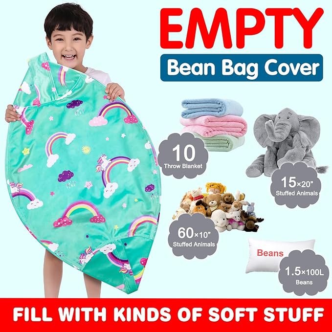 Lukeight Unicorns Stuffed Animal Storage Bean Bag Chair Cover for Kids, Unicorns Zipper Beanbag Chair Cover for Organizing Toddler and Kids' Rooms Plush Toys (Rainbow Green, Large)