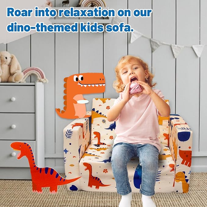 Kid Couch, Children's 2 in 1 Convertible Sofa to Lounger, Extra Soft Flip Open Chair Sofa Bed, Cute Star/Dinosaur Print Toddler Chair for Kids Girls Boys (Grass Dinosaur, Medium)
