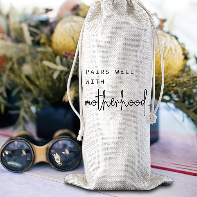 Pairs Well with Motherhood Wine Bag New Mom Gift New Baby Gift Mommy Gifts Mom Wine Bag Mother's Day Gift Drawstring Wine Bag