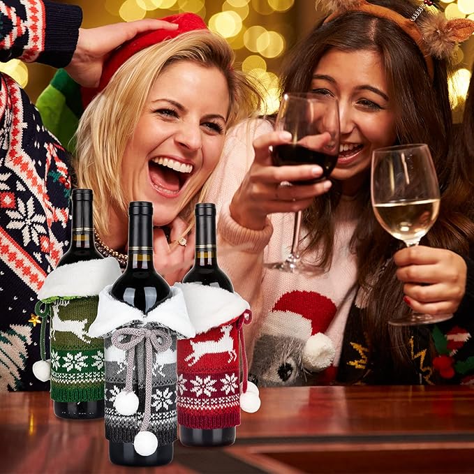 Whaline Christmas Wine Bottle Covers Knit Bottle Sweater with Faux Fur Collar Bow Pompom Red Green Gray Reindeer Snowflake Patterned Bottle Dress Christmas Winter Holiday Party Decor Supplies, 3Pcs