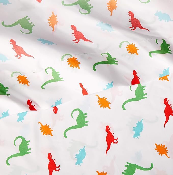 Amazon Basics Kid's Soft Easy-Wash Lightweight Microfiber 3-Piece Sheet Set, Twin, Multi-Color Dinosaurs, Animal Print
