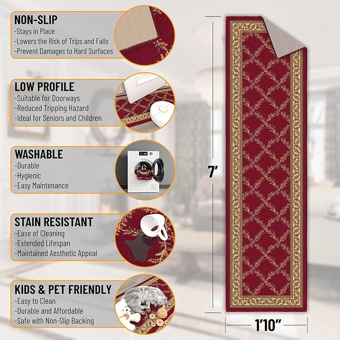 Ottomanson Machine Washable Trellis Design Non-Slip Rubberback 2x7 Modern Runner Rug for Hallway, Kitchen, Living Room, Bedroom, 1'10" x 7', Red Trellis