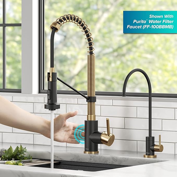 KRAUS Bolden Touchless Sensor Pull-Down Kitchen Faucet Bundle with PuritaTM Single Handle Drinking Water Filter Faucet, Brushed Brass/Matte Black