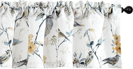 Leeva Kitchen Curtains Valances for Kids Room Porch, Linen Energy Efficient Birds Print Pattern Rod Pocket Small Drapes for Bedroom, 52 x 12, Grey, One Panel