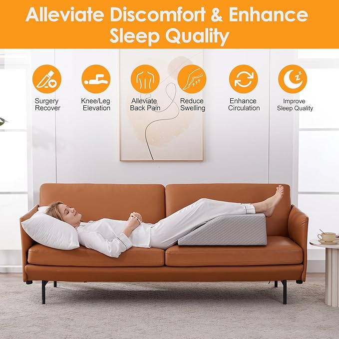 Leg Elevation Pillows for Sleeping, Memory Foam Wedge Pillow for Legs, Knee Wedge Pillow for After Surgery, Swelling, Back Pain and Circulation, Non-Slip Bottom, Removable Cover (6 Inch, Grey)