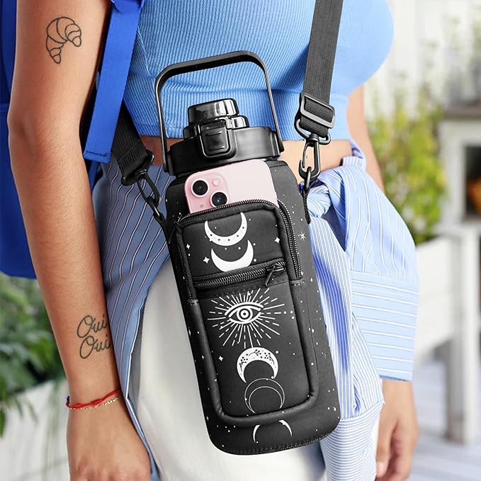 Goth Moon Half Gallon Water Bottle with Sleeve, 64 Oz Water Bottle with Measurements Marked, Leakproof-Free Drinking Water Bottle, Sports Water Bottle BPA Free Half Gallon Water Jugs