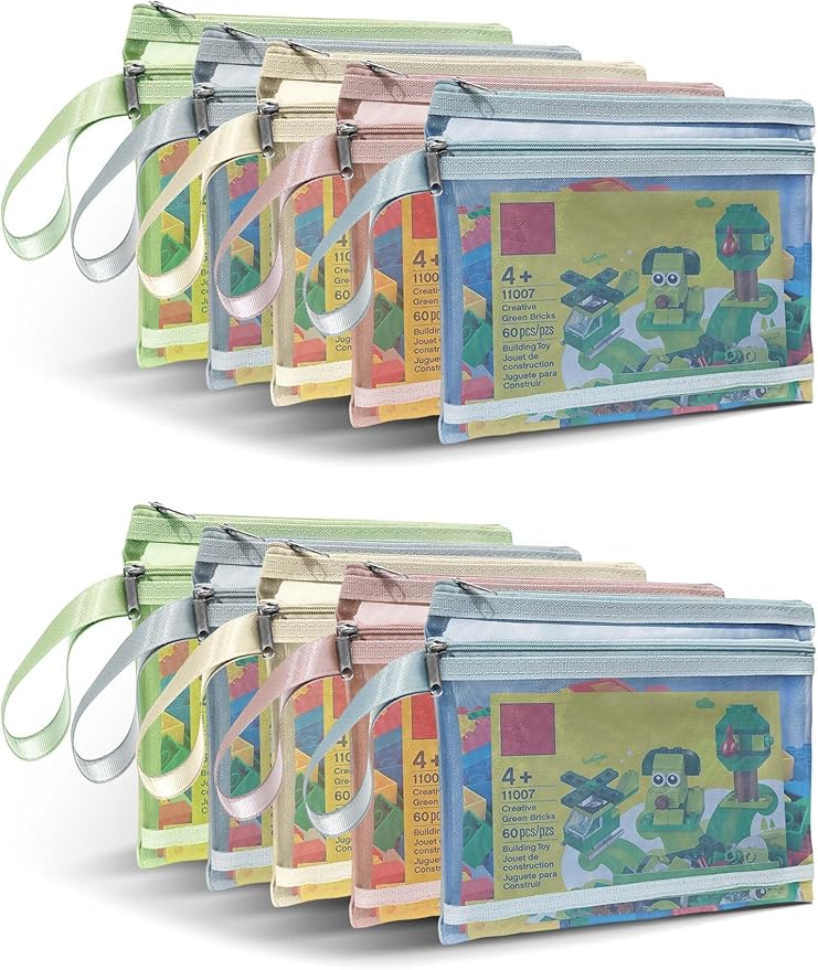 A5-2Layers 10 Pack Colored Mesh Zipper Pouch Bags, Double-Layer Nylon Puzzle Building Block Sets Toy Storage & Organization, Breathable See Through Zipper Pouch