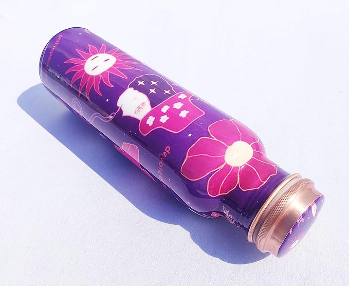 Pure Printed Copper Water Bottle - Leak Proof Ayurvedic Drinkware Copper Vessel for Sports, Gym, Outdoors, Yoga, Health Benefits (30 oz)