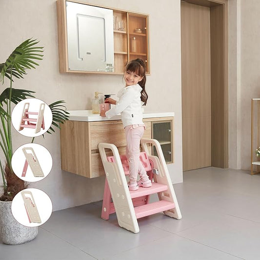 Folding Toddler Step Stool for Bathroom Sink,Adjustable 3 to 2 Step Stools for Toilet Potty Training,Sturdy Kids Step Stool for Kitchen Counter with Handle,Pink