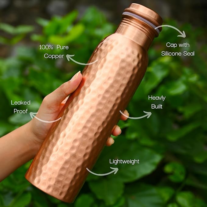 RAJRANG Hammered Copper Water Bottle 34 oz Ayurveda Health Vessel Leak Proof Design Pitcher for Sport Fitness Yoga 1000 ml