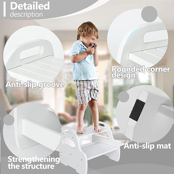 AMBIRD Wooden Step Stool, Two Step Stools Toddler with Safety Non-Slip Pads and Handles, White Bamboo Step Stool for Bathroom, Bedroom, Kitchen Step Stools Kids