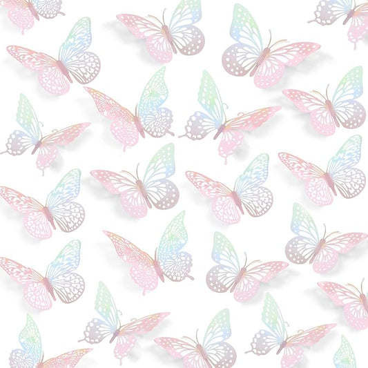 SAOROPEB 3D Butterfly Wall Decor 48 Pcs 4 Styles 3 Sizes, Laser Pink Butterfly Birthday Decorations Butterfly Party Decorations Cake Decorations, Removable Stickers (Laser Pink)