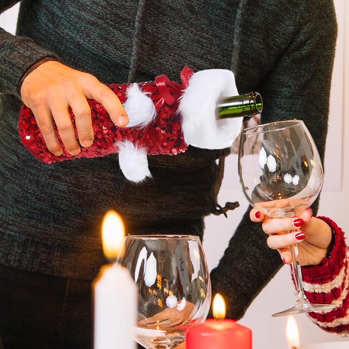 VIDELLY 3 Pack Christmas Wine Bottle Covers, Glitter Wine Bear Bottle Bag for Christmas Birthday Wedding Party Bottle Decoration