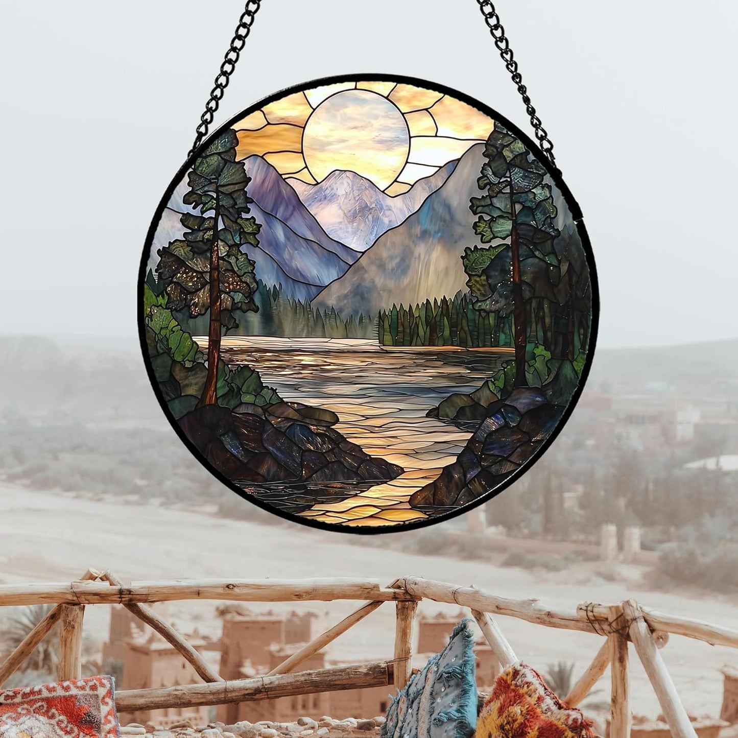 Stained Glass Window Hanging, Sunset Mountains Lake Tree Sun Catcher for Window Home Decor Landscape Suncatcher Mother's Day Birthday Gifts for Women Men Mom and Nana 9.8 in