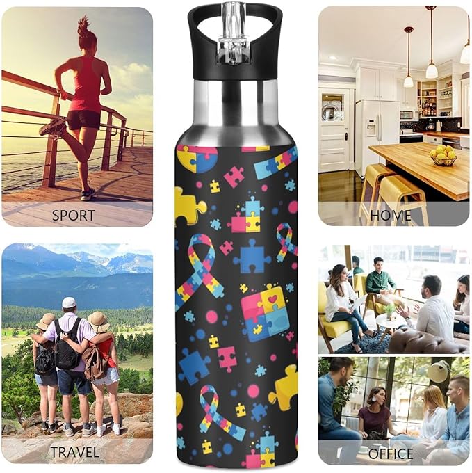 Stainless Steel Water Bottle with Straw Lid - 20 Oz Sports Insulated Water Bottle Thermos for Sport Gym Outdoor Travel School (Autism custom made)