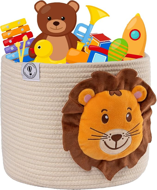 Lion Baby Basket - Charming Cotton Rope Nursery Basket, Cute Basket for Lion Nursery Decor and Toy Baskets for Kids Room, Decorative Animal Baskets for nursery