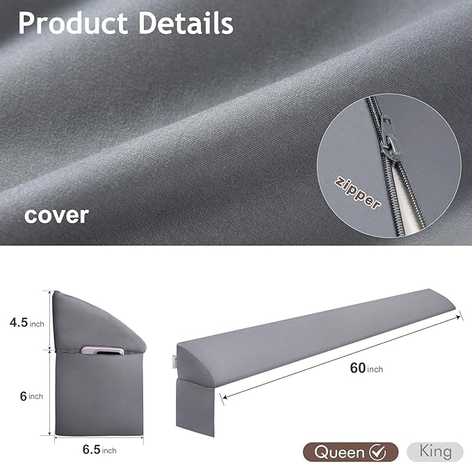 Vekkia Queen Bed Wedge Pillow for Headboard/Headboard Pillow/Bed Gap Filler/Pillow Wedge for Headboard Gap,Close Gaps Between Mattress and Headboard(Gray 60"x6.5"x4.5")