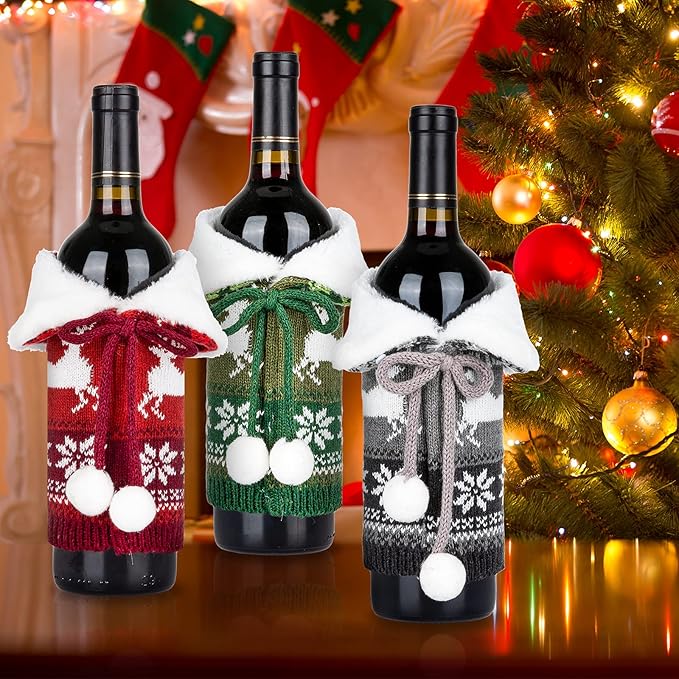 Whaline Christmas Wine Bottle Covers Knit Bottle Sweater with Faux Fur Collar Bow Pompom Red Green Gray Reindeer Snowflake Patterned Bottle Dress Christmas Winter Holiday Party Decor Supplies, 3Pcs