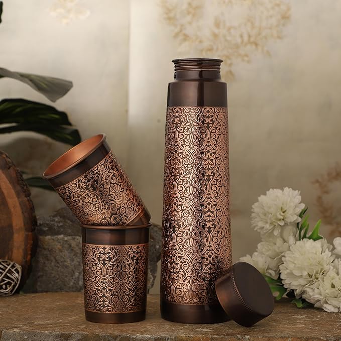 Pure Copper Water Bottle with 2 Tumblers Set, Beautiful Floral Pattern Light House Shape For Ayurveda Health Benefits