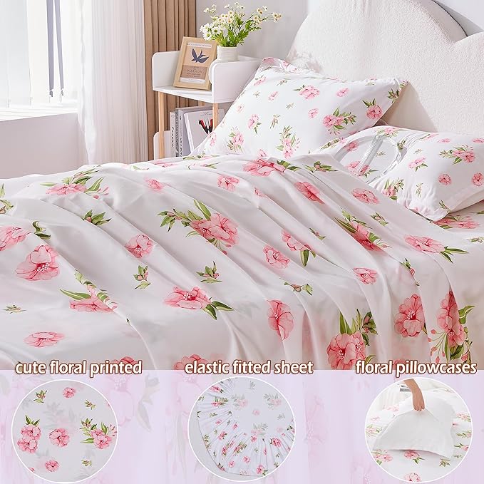 Full Size Bed Sheets Set White Pink Floral Bed Sheets Girls Cute Microfiber Cooling Sheets 4 Pieces Kids Full Bed Set Wrinkle Free, 15 inch Deep Pocket Fitted Sheet, Flat Sheet, Pillowcases