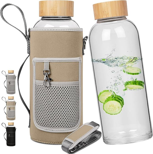 48 oz Sports Borosilicate Glass Water Bottle with Bamboo Lid with Neoprene Sleeve