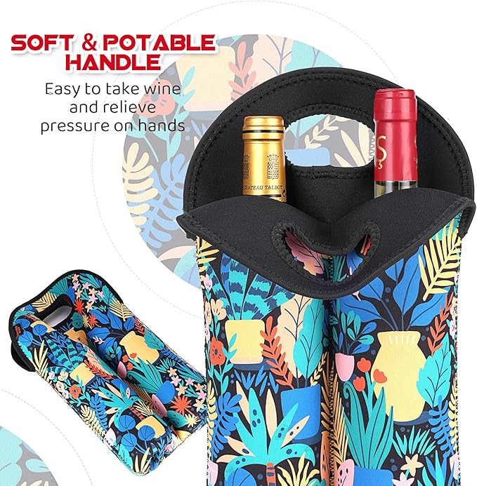 Desing Wish 2-Bottle Set Wine Carrier Tote Bag for 750ml Red/White Wine Bottles, Insulated Neoprene Wine Cooler Bag Wine Gift Bags for Gift/Picnic/Party/Beach/Christmas - Rainforest