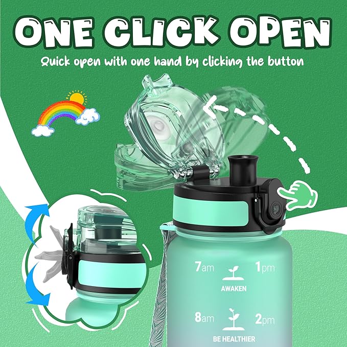 OLDLEY Kids Water Bottle for School, 17 oz (2 lids) BPA-Free Reusable Leak-proof Durable Tritan Plastic Water Bottles with Straw & Chug Lids, Anti-dust Spout Cover (Green Purple)