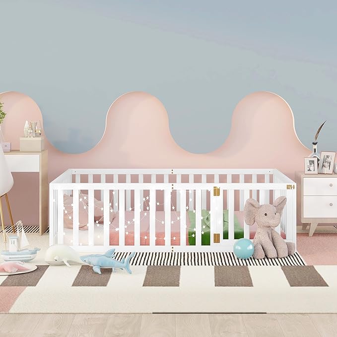 Full Size Floor Bed with Fence, Solid Wood Floor BedFrame for Kids with Door, Twin Platform Bed for Boys and Girls Kids Teens, Fun Design, for Children Bedroom