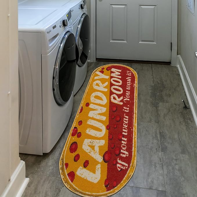 Machine Washable Bubbles Design Laundry Room Rug Non-Slip Rubberback 2x5 Laundry Runner Rug for Laundry Room, Bathroom, Washroom, 20" x 59" Oval, Red/Yellow
