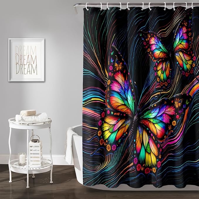 AILONEN Beautiful Butterfly Shower Curtain,Colorful Line Butterfly Bath Curtain for Bathroom for Boys,Girls,Boho Hippie Style Waterproof Fabric Shower Curtain Set with Hooks,60" W*72" H