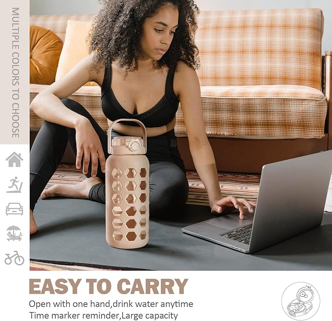 MUKOKO Half Gallon/64 oz Glass Water Bottles with Straw and Lid,Motivational Water Jug with Time Marker Reminder and Silicone Sleeve,100% Leakproof BPA Free Fitness Sports Large Bottle-Amber