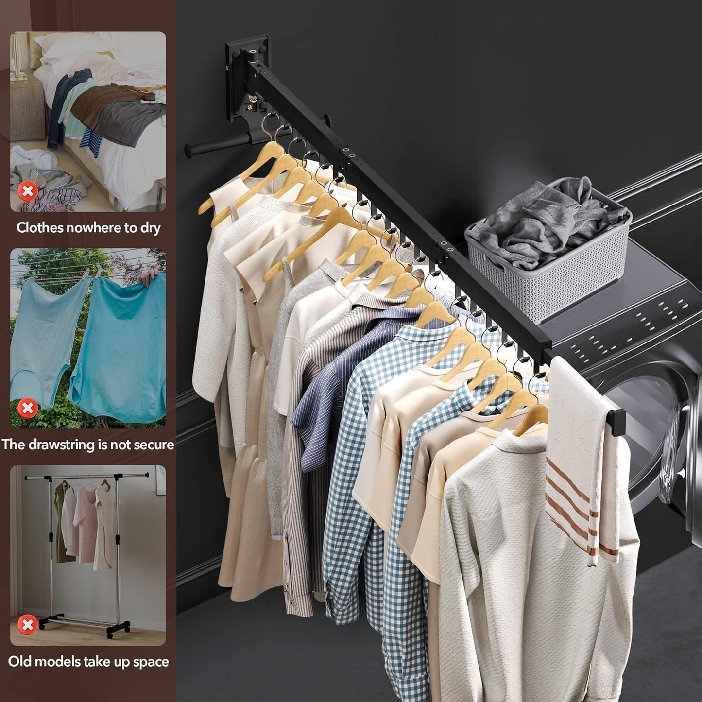 Wall Mounted Clothes Hanger,Clothes Drying Rack,Laundry Drying Rack,Drying Rack Clothing,Laundry Hanger Rack,Retractable Dryer Racks,Collapsible, Aluminum,can be Fold Upward & Left & Right