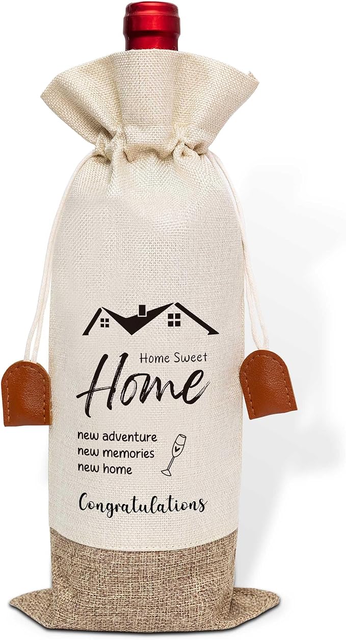 Housewarming Gifts Wine Bag, First New Home House Homeowner Gift, Cotton Linen Wine Gift Bag With Drawstring, Client Gift From Realtors, Sweet Home Congrats Gift for Women Men Wife Husband-37