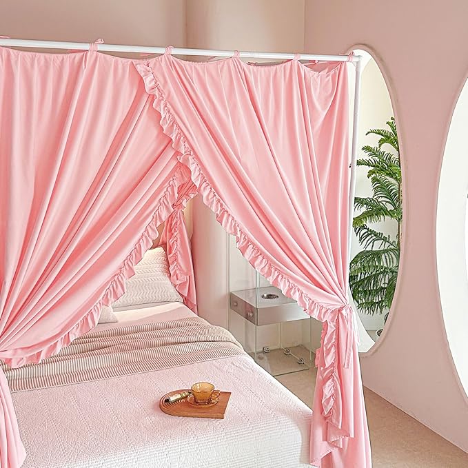 AIKASY Princess Canopy Bed Curtains with Top Ties - Windproof & Lightproof for Girls' Adult Bedroom Decor | Bed Canopy Drapes (King,Pink)