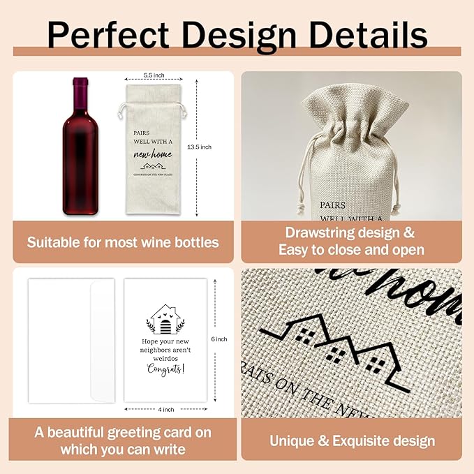 Housewarming Wine Gift Bags & Card, First New Home House Gifts for Women Men Wife Husband Friend Home Owner, 1 pcs Reusable Burlap Wine Gift Bags for Wine Bottles, Housewarming Party Decor Favor -32