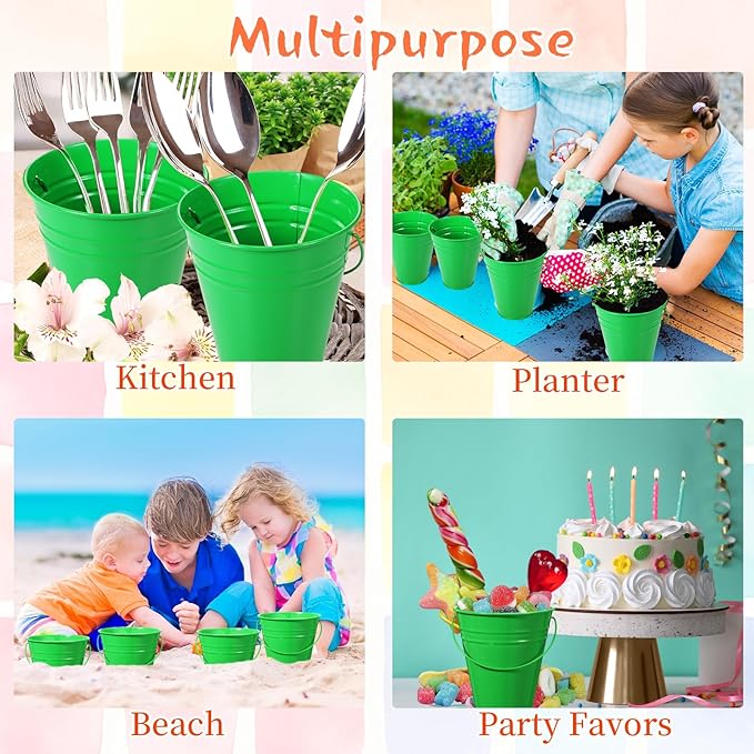 Sadnyy 12 Pack Metal Buckets with Handle, Galvanized Bucket 4.5 x 5 Inch Basket Bucket for Kids, Kids Party Supplies, Crafts for Christmas Halloween Christmas Candy Bars Vase Crafts(Green)