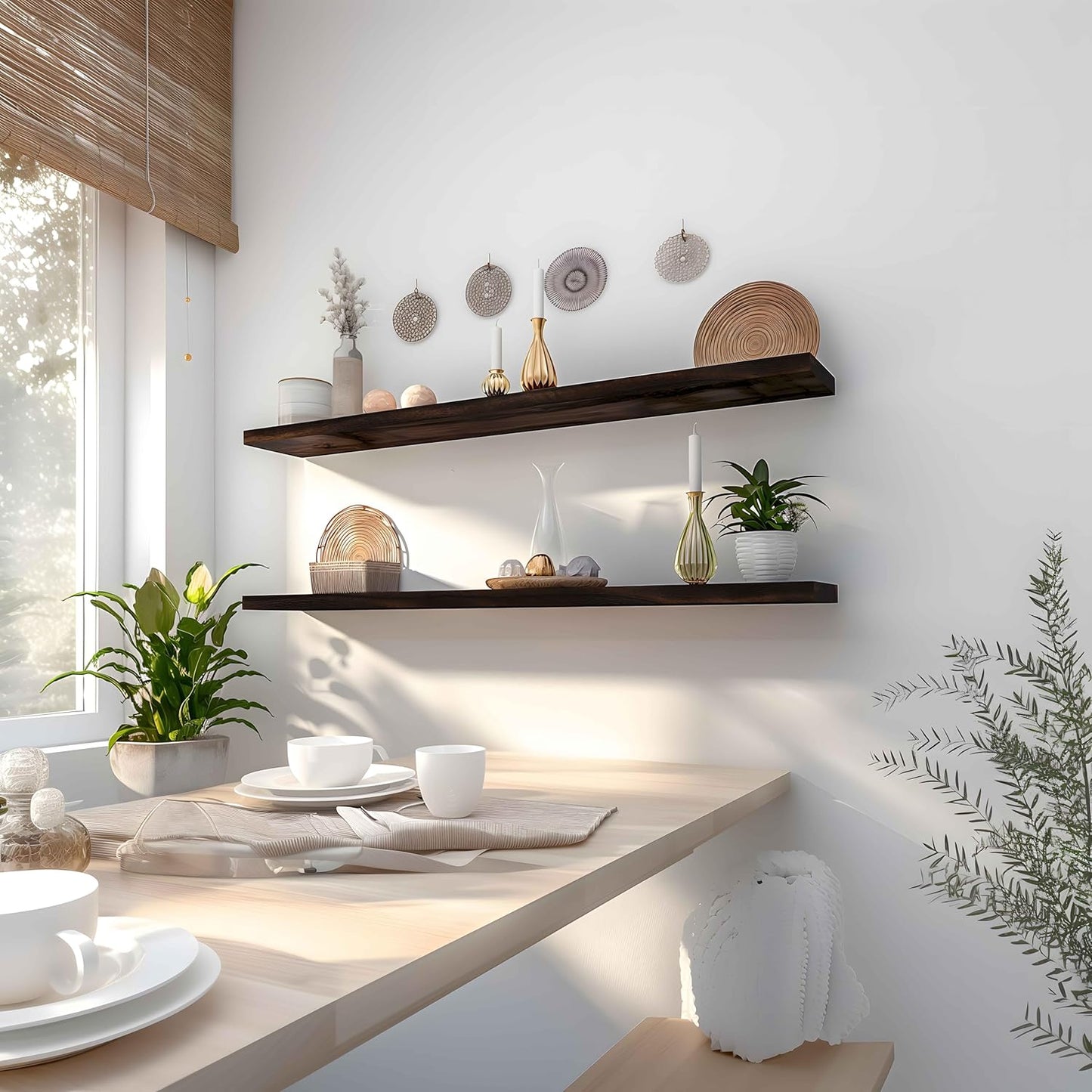 Wood Floating Shelves for Wall Decor, Rustic Wall Shelves for Bedroom Bathroom Kitchen Living Room, Set of 4 Walnut 48 Inch