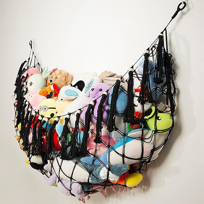 Stuffed Animal Hammock Corner Hanging Net Plush Toy Organizer Macrame Stuffed Animal Storage Display for Teddy Net Corner Toy Net for Bedroom-Black