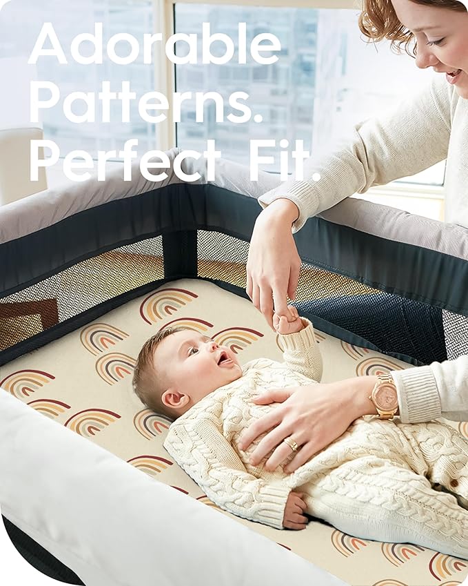 Pack N Play Sheets Fitted, TotBasic Ultra Soft Boho Rainbow Mini Crib Sheets, Premium Jersey Knit Pack and Play Sheets, Stretchy Neutral Play Yard Sheets for Pack and Play Mattress, 2 Pack