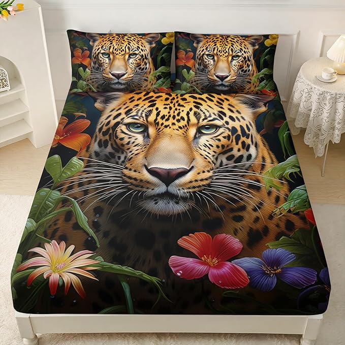 AILONEN Leopard Print Fitted Sheet Set Twin XL Size for Boys,Safari Cheetah Bed Sheet Set TwinXL, Jungle Animal Leopard Sheet Set 3 Pieces Wildlife Fitted Sheet with 2 Pillowcases