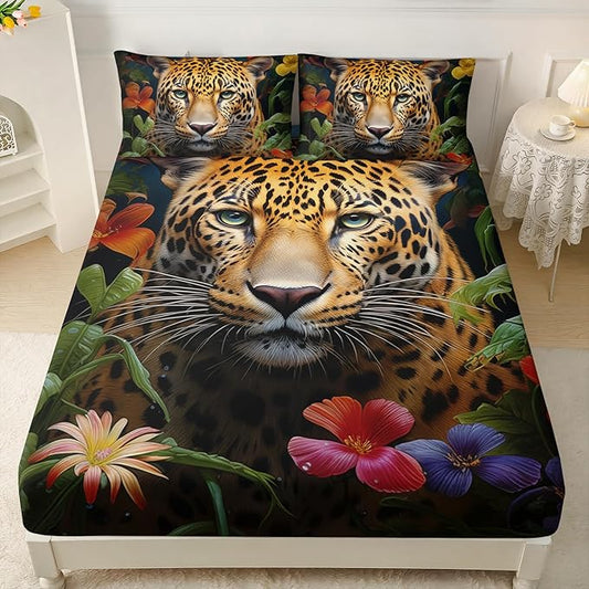 AILONEN Leopard Print Fitted Sheet Set Queen Size for Boys,Safari Cheetah Bed Sheet Set Queen, Jungle Animal Leopard Sheet Set 3 Pieces Wildlife Fitted Sheet with 2 Pillowcases