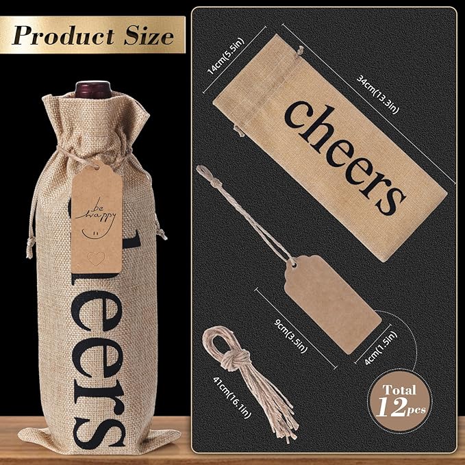 SIRIPHUM Burlap Wine Bags and Gift Tags, Wine Bottle Gift Bags with Drawstrings,Wine Bags Gift for Travel, Wedding, Holiday Party,Birthdays,Housewarming and Dinner Party (Black-12PCS)