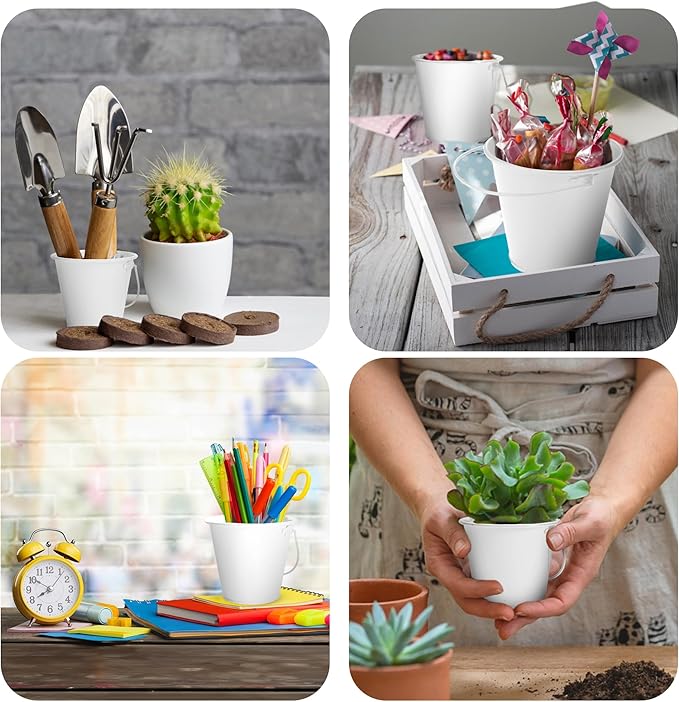 Small Metal Buckets with Handle 12 Pcs – Galvanized Bucket Leak Proof & Rust Resistant 8 fl oz Capacity - Best for Party Décor, Organizing & Decorating Classrooms (Mini 3.3" Top, White)