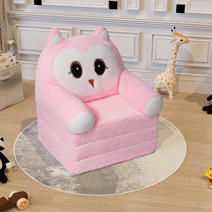 Kids Sofa Chair for Toddler, 2-in-1 Folding Soft Baby Couch with Removable Cover, Comfy Plush Children's Recliner, Convertible Floor Sofa Bed to Lounger for Girls Boys Age 1-3,Owls Pink