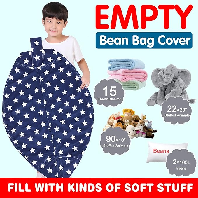 Lukeight Stuffed Animal Storage Bean Bag Chair Cover for Kids, Zipper Beanbag Chair Cover for Organizing Toddler and Kids' Rooms Plush Toys (Stars Navy Velvet, X-Large)