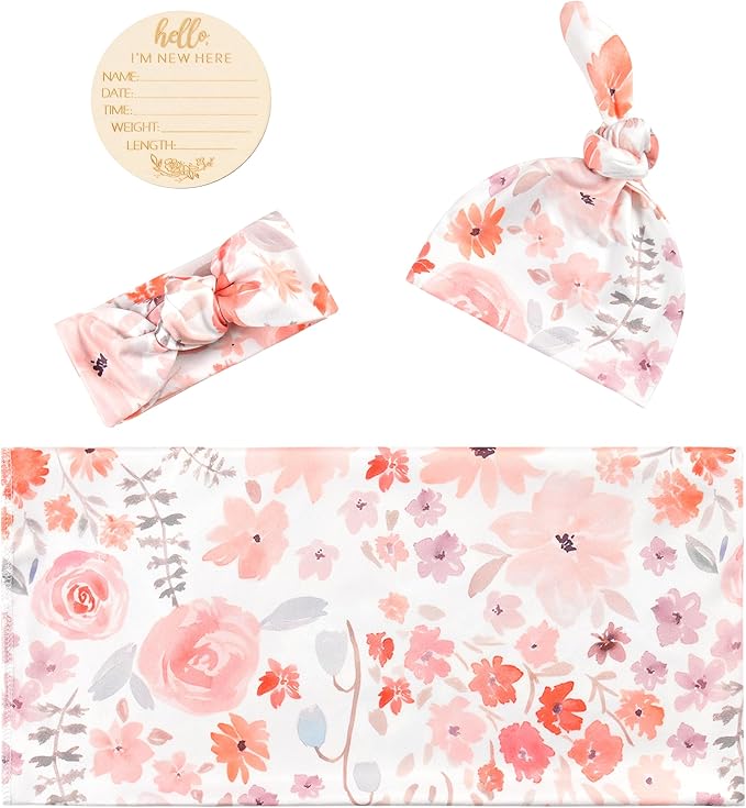 Newborn Baby Girl Receiving Blanket Swaddle Blanket Stretchy Knit Swaddle Set with Matching Headband Beanie with a Name Card (Pink and Orange Floral)
