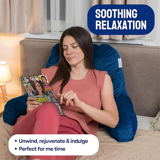 ComfortSpa Reading Pillow for Bed Adult Size, Back Rest Pillow with Arms, Pockets and Washable Cover; Use as a Back Pillow for Sitting in Bed for Bedrest or Relief from GERD Heartburn (XL Navy Blue)