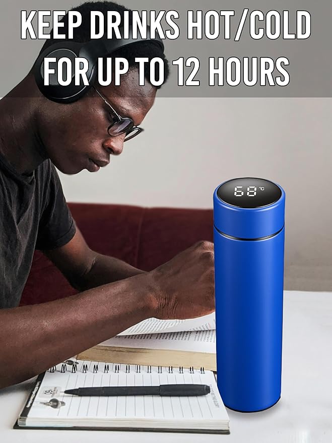 Water Bottle With LED Temperature Display Tea Infuser Vacuum Leak Proof Double Wall Insulation Stainless Steel (Blue), SMB0001